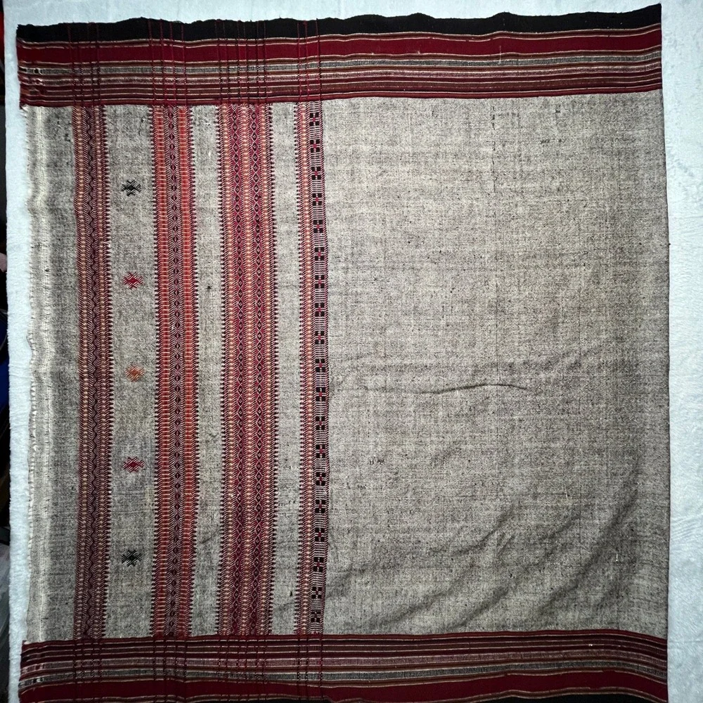 Afghan Patoo Blanket Shawl Grey Burgundy Woven Wool Blend Geometric Wrap